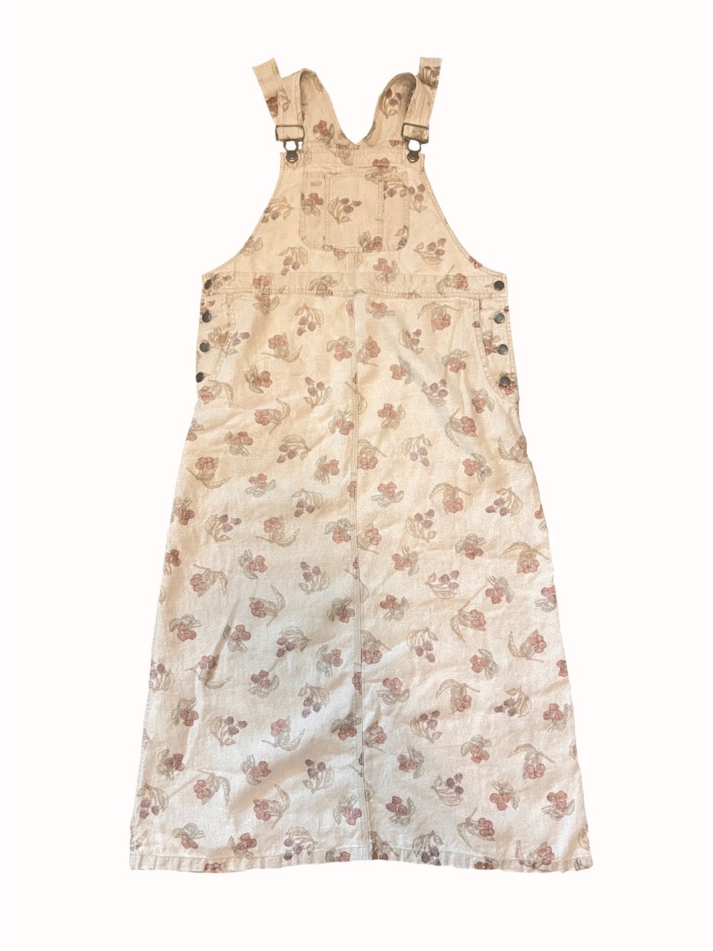Women’s Eddie Bauer Cream Midi Fall Overall Dress with Pink Floral Print SZ S